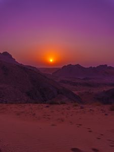 Preview wallpaper sunset, mountains, rocks, desert, sky