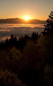 Preview wallpaper sunset, mountains, trees, clouds, dusk