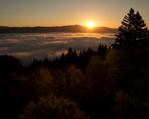 Preview wallpaper sunset, mountains, trees, clouds, dusk