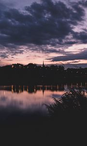 Preview wallpaper sunset, night, river, buildings, outlines, highland park, michigan