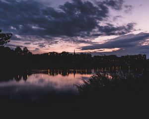 Preview wallpaper sunset, night, river, buildings, outlines, highland park, michigan