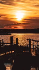 Preview wallpaper sunset, pier, river, evening, twilight