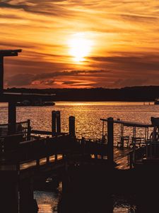 Preview wallpaper sunset, pier, river, evening, twilight