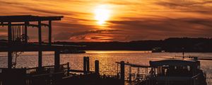 Preview wallpaper sunset, pier, river, evening, twilight
