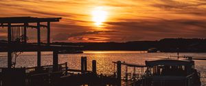 Preview wallpaper sunset, pier, river, evening, twilight