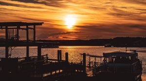 Preview wallpaper sunset, pier, river, evening, twilight