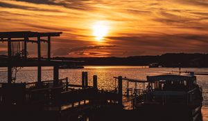 Preview wallpaper sunset, pier, river, evening, twilight