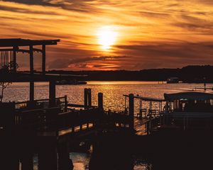 Preview wallpaper sunset, pier, river, evening, twilight