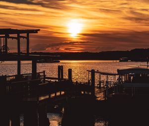 Preview wallpaper sunset, pier, river, evening, twilight