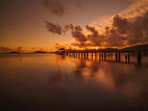 Preview wallpaper sunset, pier, sea, horizon