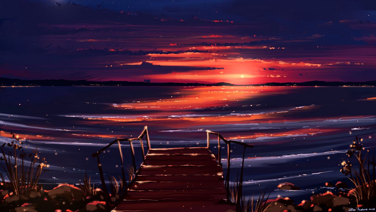 Wallpaper sunset, pier, shore, water, art