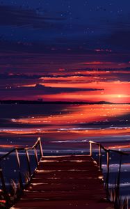 Preview wallpaper sunset, pier, shore, water, art