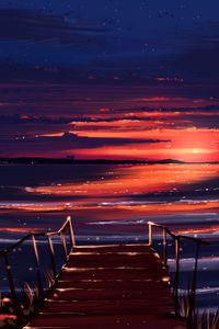 Preview wallpaper sunset, pier, shore, water, art