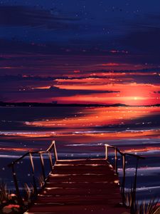 Preview wallpaper sunset, pier, shore, water, art