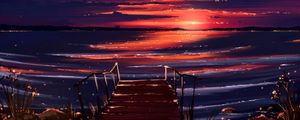 Preview wallpaper sunset, pier, shore, water, art