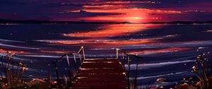 Preview wallpaper sunset, pier, shore, water, art