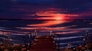 Preview wallpaper sunset, pier, shore, water, art