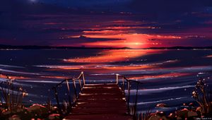 Preview wallpaper sunset, pier, shore, water, art