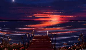Preview wallpaper sunset, pier, shore, water, art