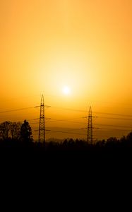 Preview wallpaper sunset, poles, wires, trees, outlines, dusk