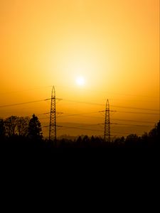 Preview wallpaper sunset, poles, wires, trees, outlines, dusk