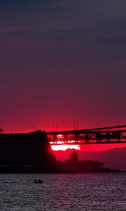Preview wallpaper sunset, river, bridge, evening, red, twilight