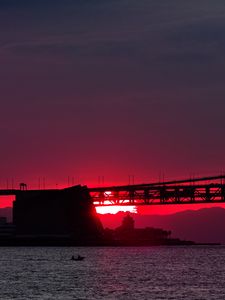 Preview wallpaper sunset, river, bridge, evening, red, twilight