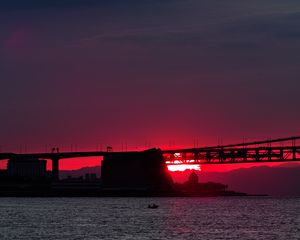Preview wallpaper sunset, river, bridge, evening, red, twilight