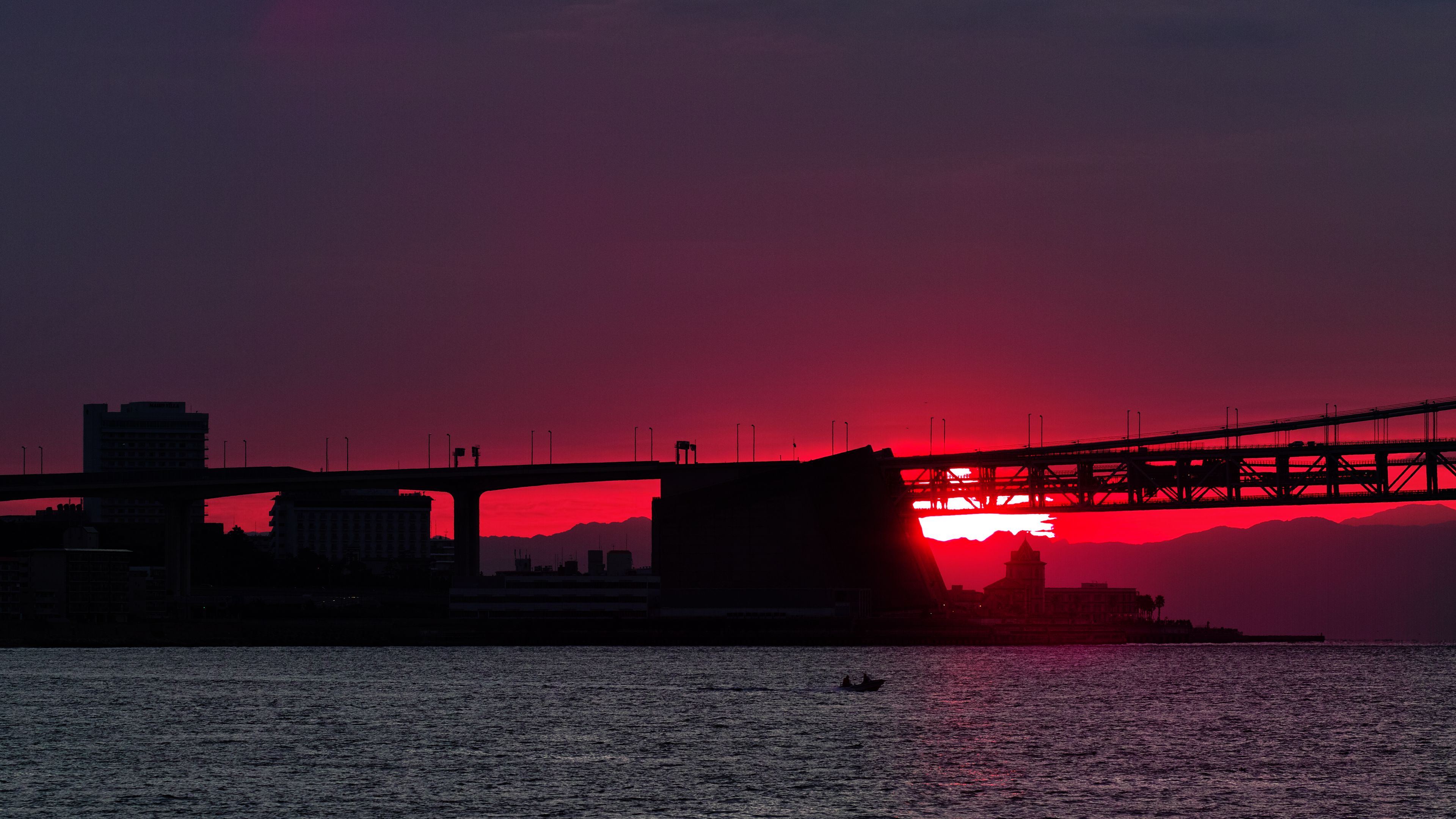 Download Wallpaper 3840x2160 Sunset, River, Bridge, Evening, Red