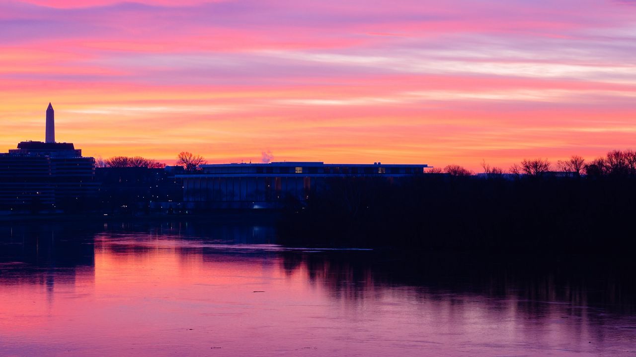 Wallpaper sunset, river, building, sky