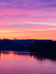 Preview wallpaper sunset, river, building, sky
