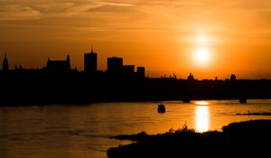 Preview wallpaper sunset, river, city, dusk, dark