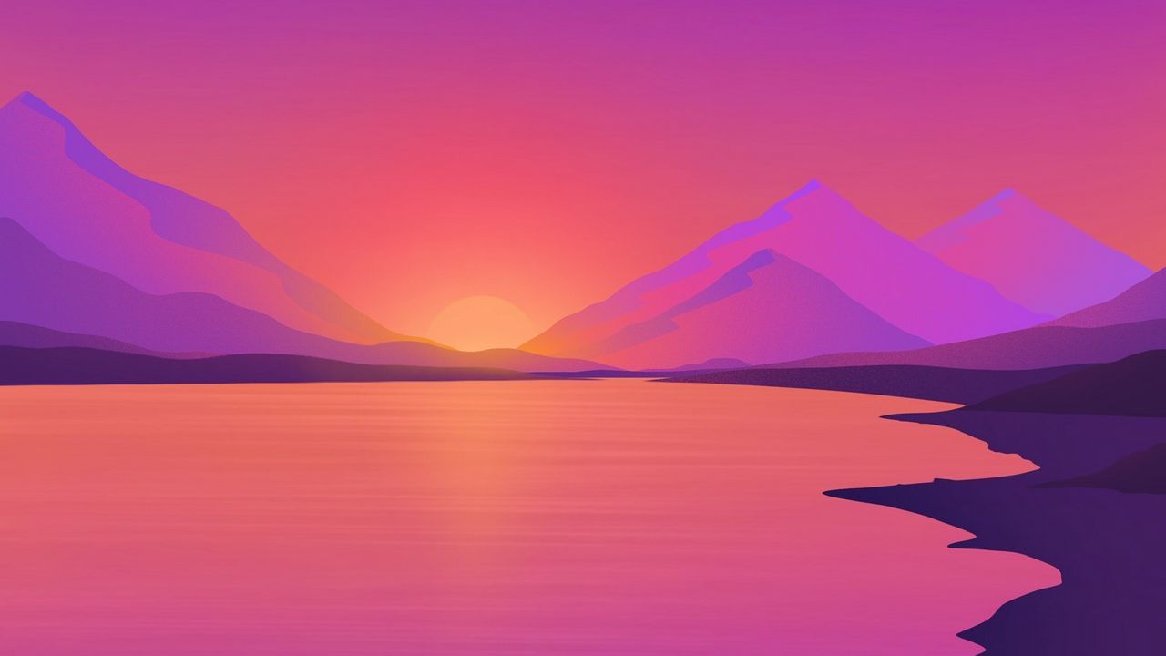 Wallpaper sunset, river, mountains, landscape, art