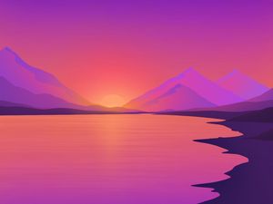 Preview wallpaper sunset, river, mountains, landscape, art
