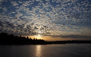 Preview wallpaper sunset, river, trees, clouds, dusk