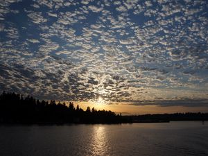 Preview wallpaper sunset, river, trees, clouds, dusk