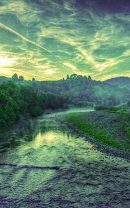 Preview wallpaper sunset, river, trees, landscape