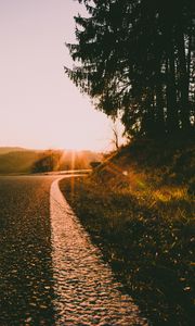 Preview wallpaper sunset, road, forest, grass, glare