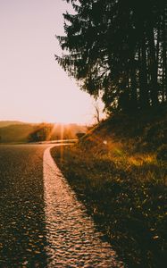 Preview wallpaper sunset, road, forest, grass, glare