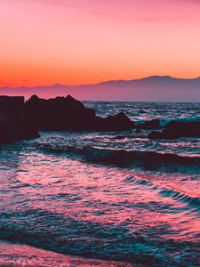 Preview wallpaper sunset, rocks, blocks, mountains