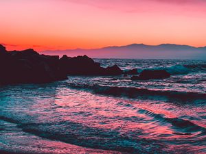 Preview wallpaper sunset, rocks, blocks, mountains