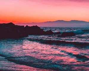 Preview wallpaper sunset, rocks, blocks, mountains