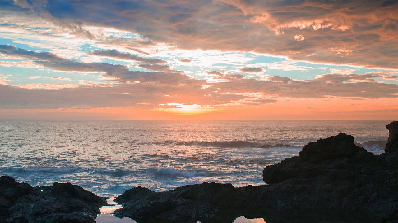 Wallpaper sunset, rocks, sea, clouds, stones hd, picture, image