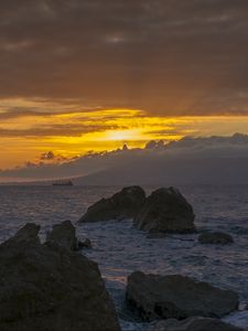 Preview wallpaper sunset, rocks, stones, waves