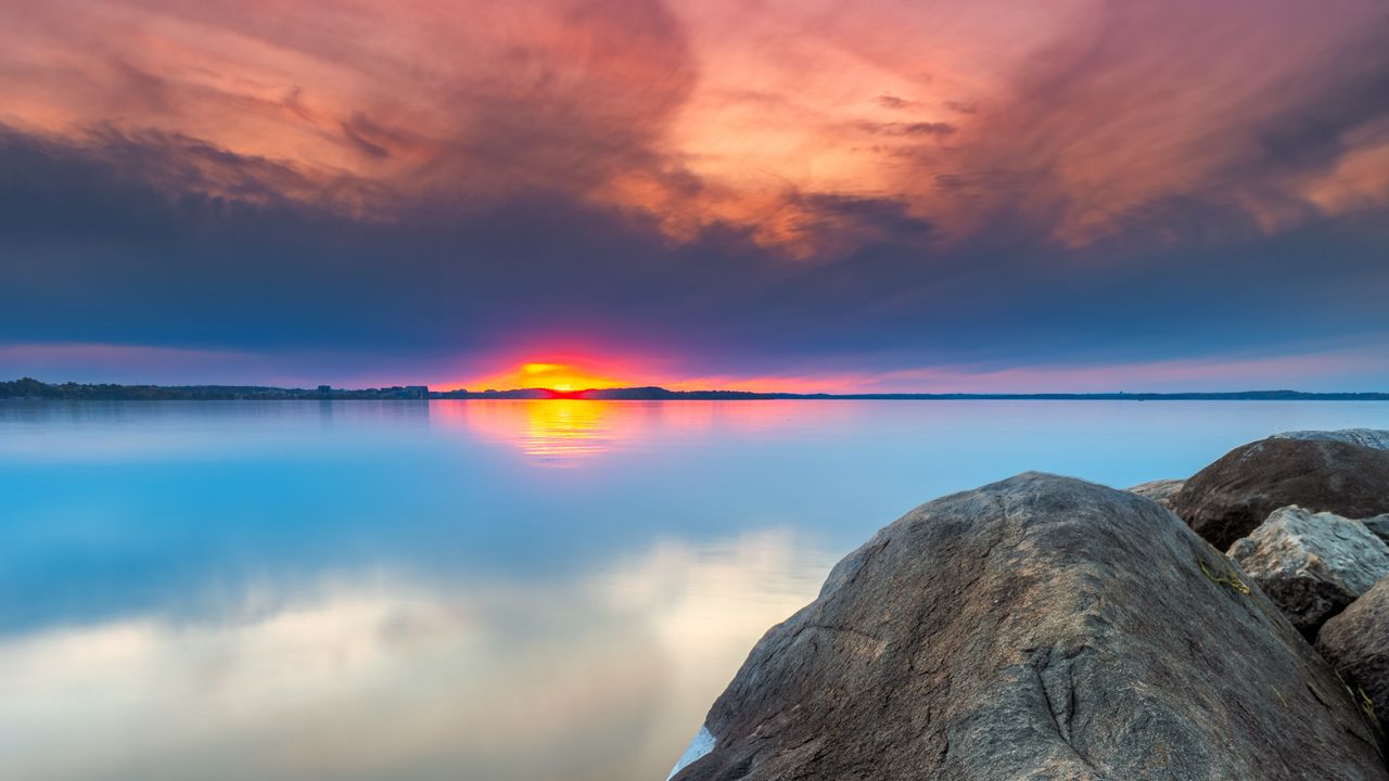 Wallpaper sunset, rocks, water, stones, landscape