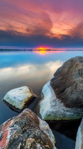 Preview wallpaper sunset, rocks, water, stones, landscape