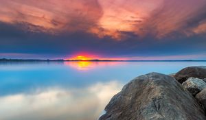 Preview wallpaper sunset, rocks, water, stones, landscape