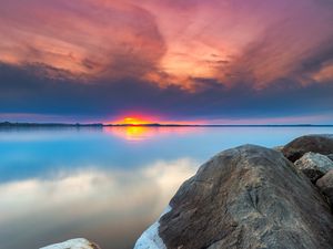 Preview wallpaper sunset, rocks, water, stones, landscape