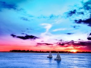 Preview wallpaper sunset, sailboats, sea, sky, horizon