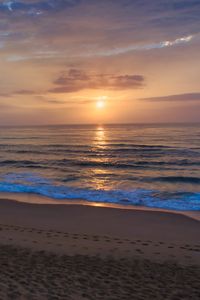 Preview wallpaper sunset, sea, beach, waves, dusk, evening